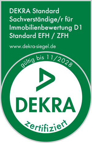 DEKRA zertifizierter Sachverständiger für Immobilienbewertung D1 Zertifikat der DEKRA für Immobilienbewertung, gültig bis 11/2028.