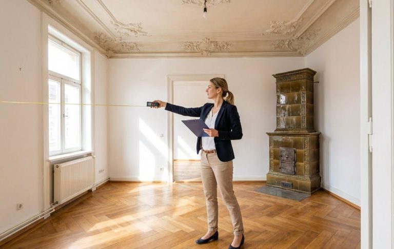 Immobilienbewertung Frau mit Laser Entfernungsmesser in leeren Raum, Holzfußboden und Fensterlicht.