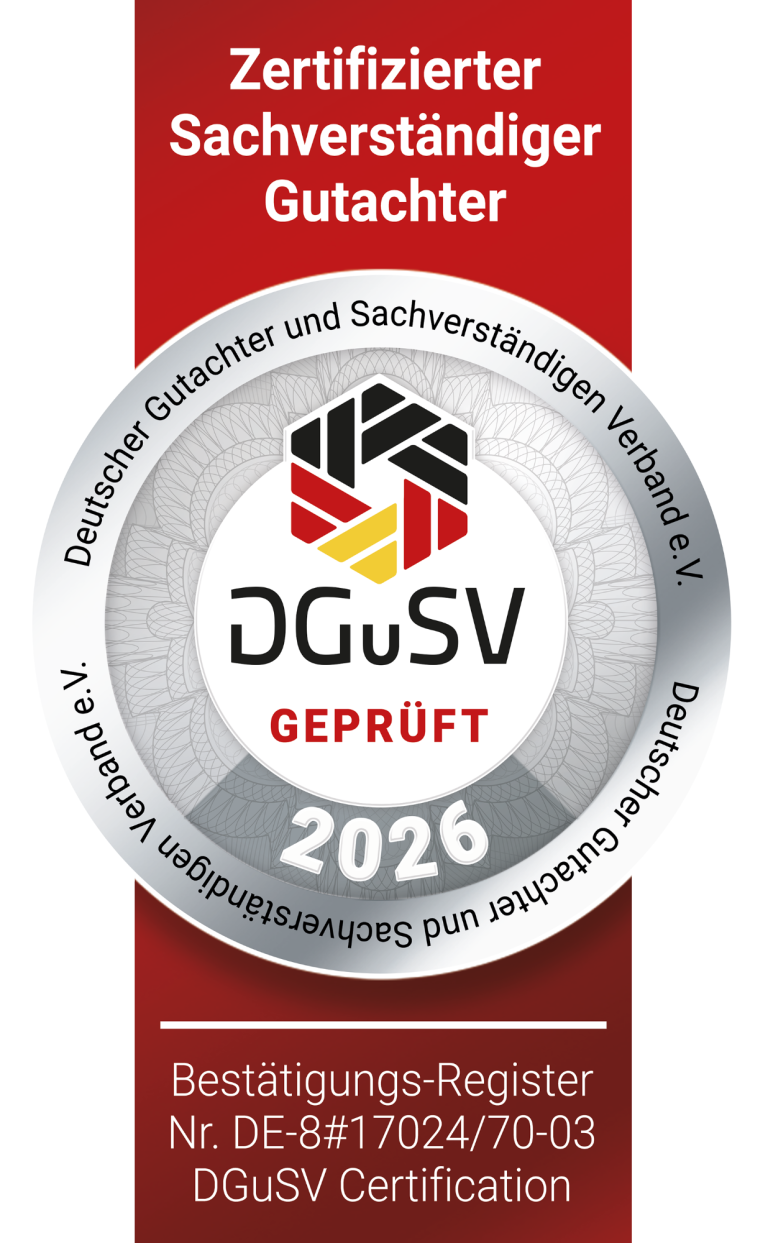 DGuSV zertifizierter Sachverständiger für bebaute und unbebaute Grundstücke Zertifikat für einen geprüften Sachverständigen bei der DGUV. Gültig 2026.