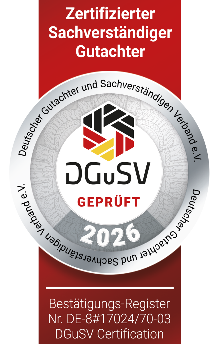 DGuSV zertifizierter Sacherverständiger für bebaute und unbebaute Grundstücke Zertifikat für geprüften Sachverständigen der DGU-SV, gültig bis 2025.