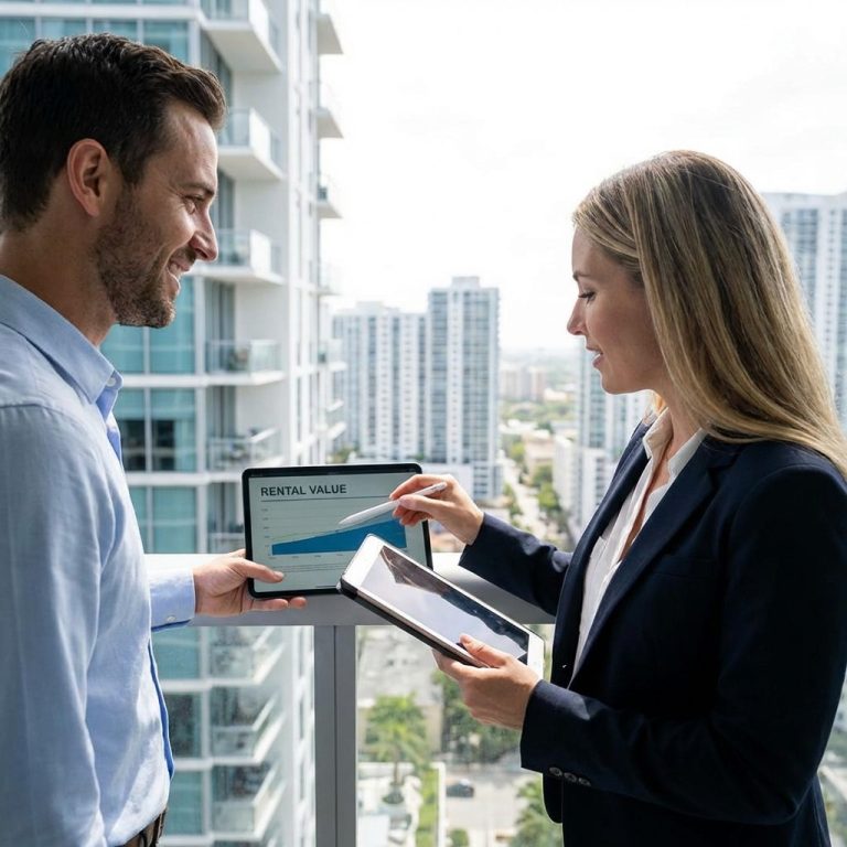 Immobilienverkauf Zwei Personen stehen auf einem Balkon und besprechen Informationen auf Tablets.