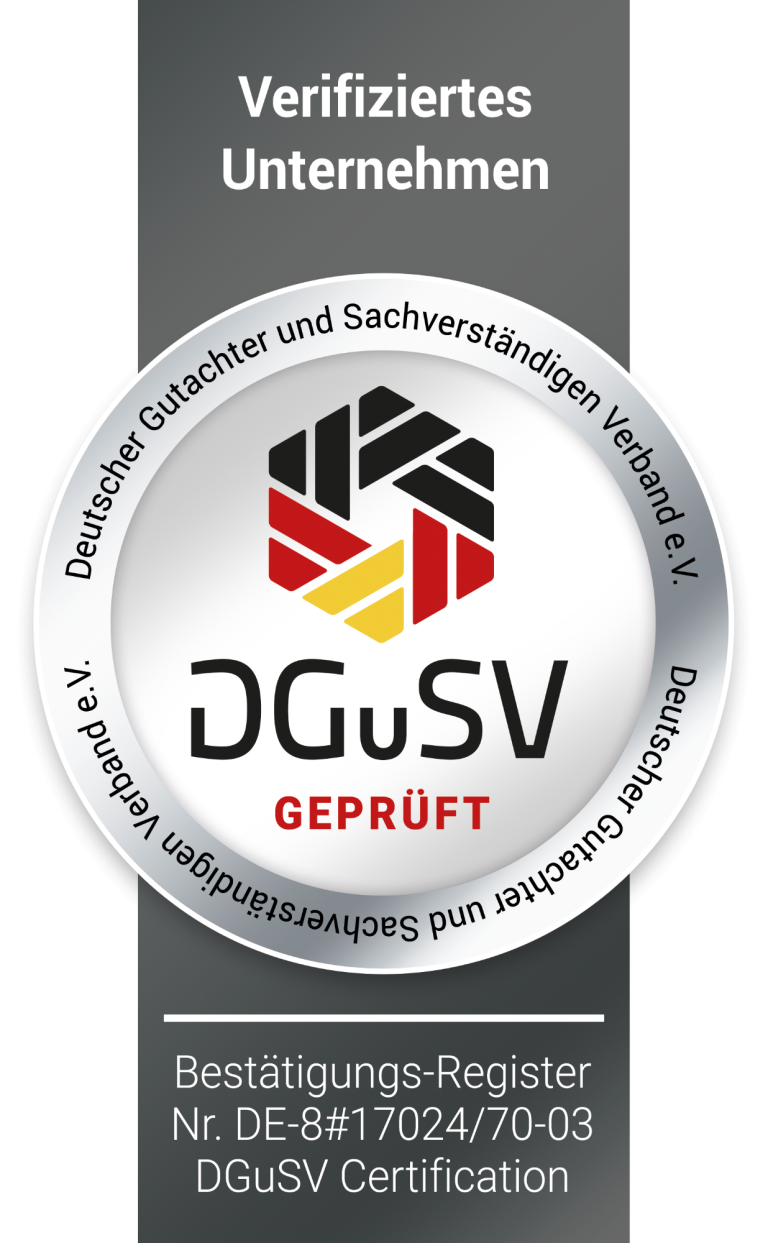 DGuSV verifiziertes Unternehmen in der Immobilienbewertung Logo eines verifizierten Unternehmens mit DGuSV-Zertifizierung und einer Prüfsiegelgrafik.