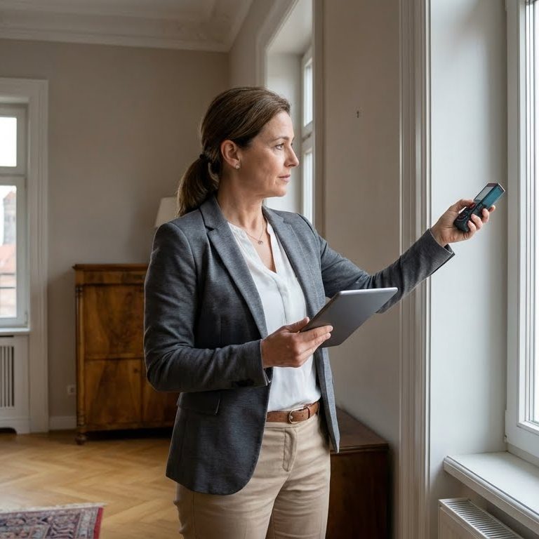 Immobilienwertermittlung Frau in Anzug steht am Fenster und nutzt ein Smartphone sowie ein Tablet.